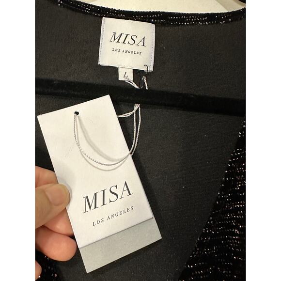 Misa Setarah Metallic Faux-wrap Midi Dress Black Shimmer Size Large NWT Sheath - Picture 3 of 14